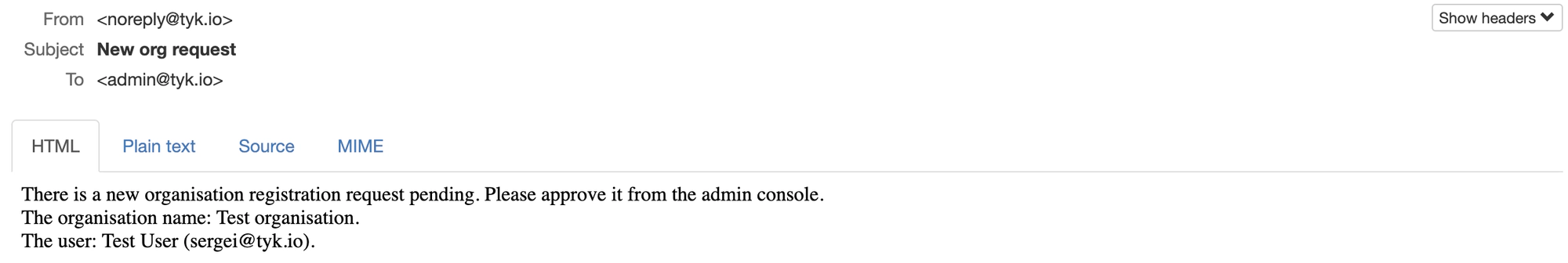 New Organisation registration request notification